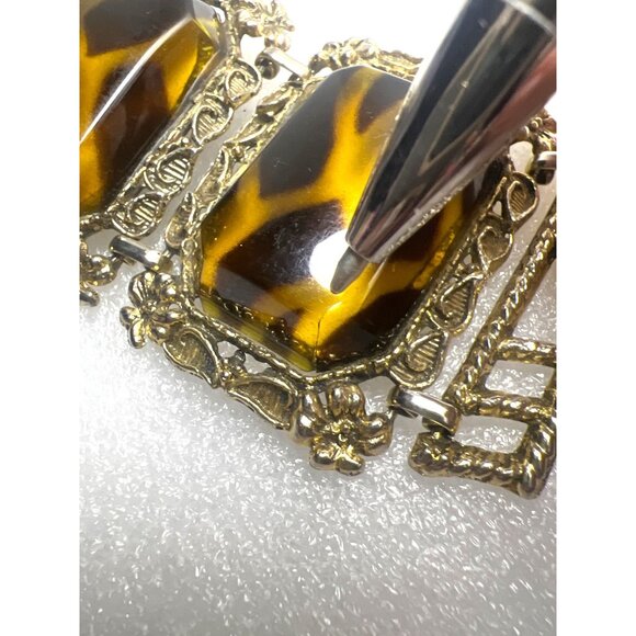 Vintage Animal Print Chunky Bracelet Lucite Brown Gold Cabochons Gold Tone  READ - Picture 10 of 11